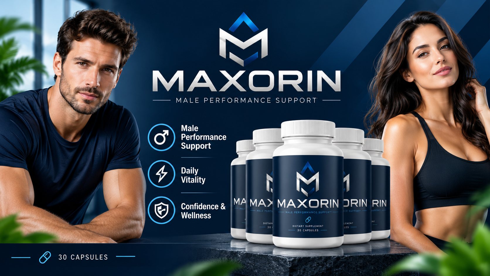 Maxorin Male Performance Support — bottles with a fit couple